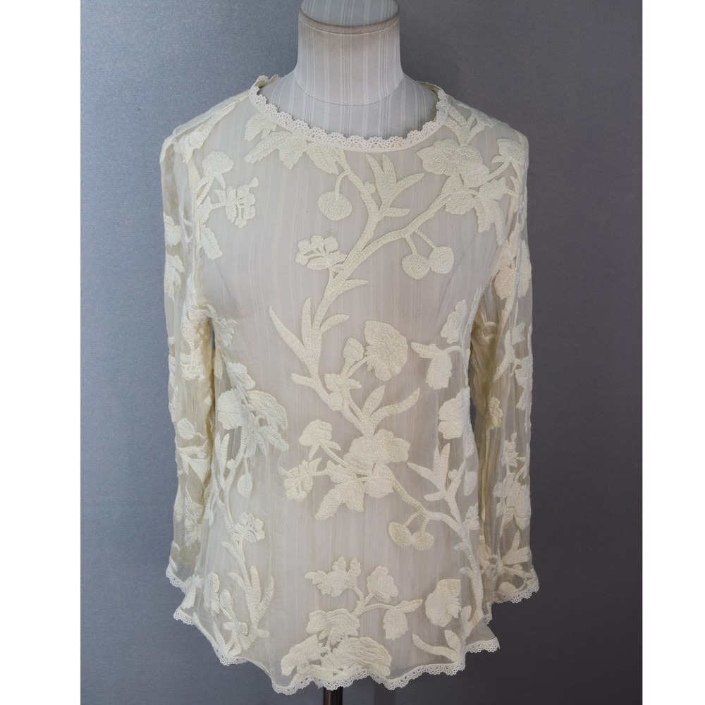 Sundance Blouse XS Cream Silk Floral Embroidered Lace Trim Women Long Sleeve Top